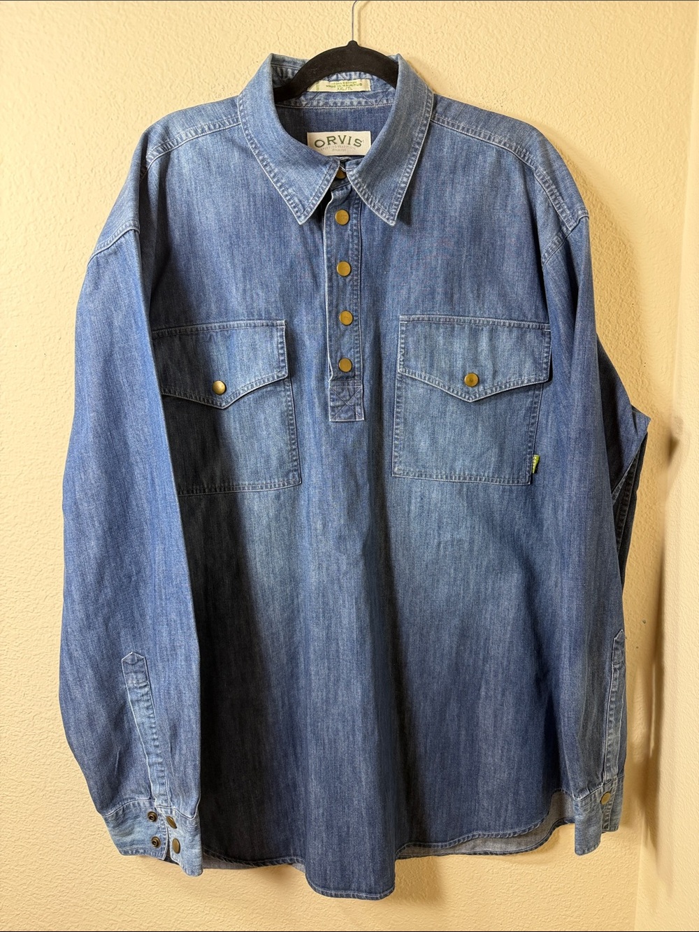 Vintage Orvis Malpai Denim Utility Popover Shirt Brass Snaps Pullover XXL Tall